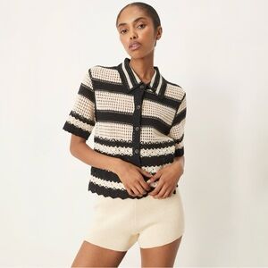 Solitaire Crochet Stripe Short Sleeve Cardigan Small in black and cream